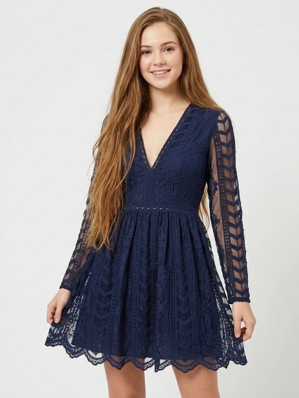 SOCIALITE long sleeve navy lace homecoming cocktail dress